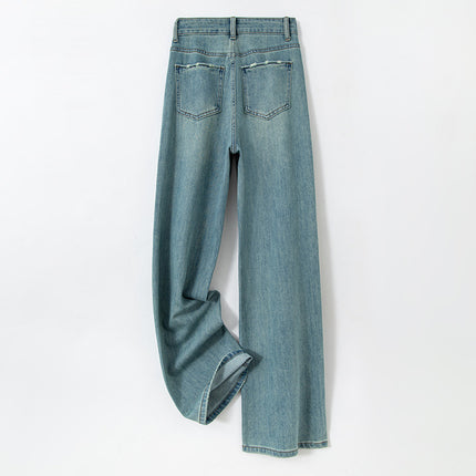Ripped Pockets Vintage Green High-Waisted Slim Wide-Leg Pants Women 2026 Spring Casual Breathable Slimming Straight-Leg Jeans