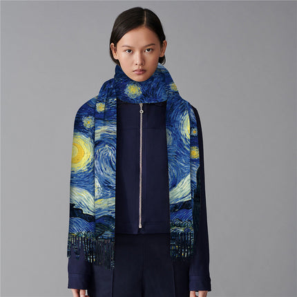 Winter Fashionable and Versatile Van Gogh Oil Painting Series Starry Sky Ladies Imitation Cashmere Long Scarf for Mother Shawl Warm Scarf