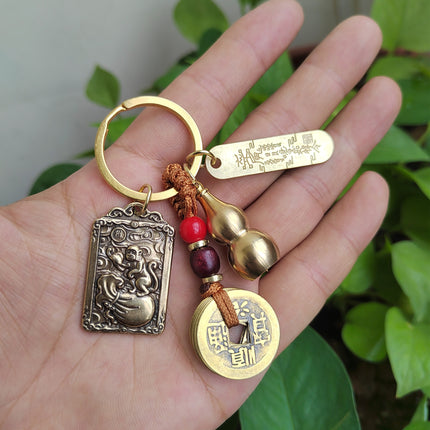 Pure Brass Zhao Gongming Lucky Order Hulu Wu God of Wealth Retro Keychain Pendant Shoucai Car Hanging Keychain