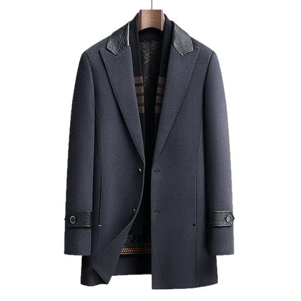 Genuine Leather Collar Double-Sided Wool Outwear for Men, Autumn and Winter Trendyy Removable Goose down Liner Woolen Outwear, Large Size Men's Clothing