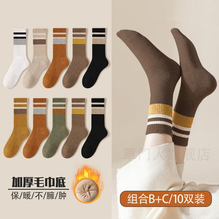 Socks Women's Autumn and Winter Mid-length Socks fleece-lined Thickened Warm terry Towel Bottom Cotton Socks High-tube Fashionable Women's Stockings