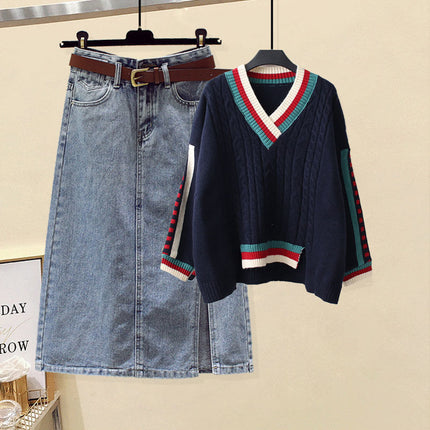 Plus Size Women's Spring and Autum Suit Women's 2025 New Knitted Sweater Slimming Look Versatile Denim Skirt Two-Piece Set