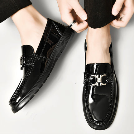 Amazon Large Size 47 Cowhide Loafers Men's Mirror Glossy Plaid Embossed British Casual Business Slip-On Leather Shoes