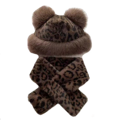 Leopard Print Plush Hat and Scarf Two-Piece Set for Autumn and Winter, Thickened and Warm, Cold-Proof, Ear-Protecting, Fashionable Neck Warmer