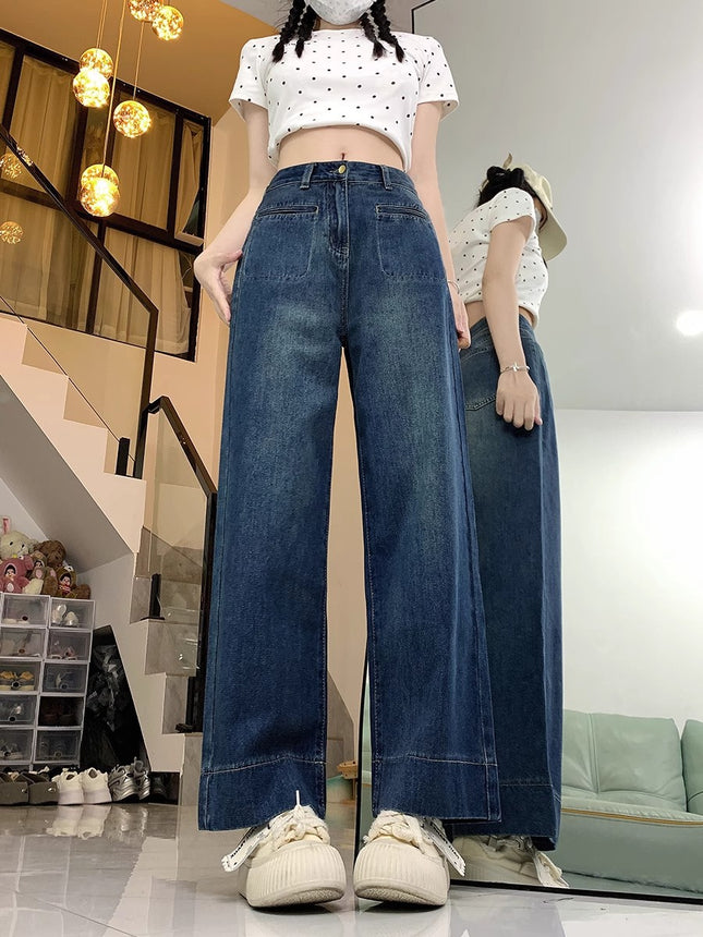 Vintage Light-Colored Jeans for Women, Summer High-Waisted Slimming Loose Versatile Petite Straight Wide-Leg Pants