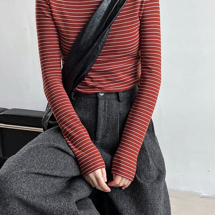 Lu Xi Half Turtleneck Stripesd Velvet Bottoming Shirt for Women 2025 Autumn and Winter New Style Inner Brushed Outer Top 2838