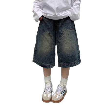 Washed Workwear Denim Shorts for Women, Summer Thin Mid-Length American Street Versatile Loose Straight Sports 7-Point Shorts