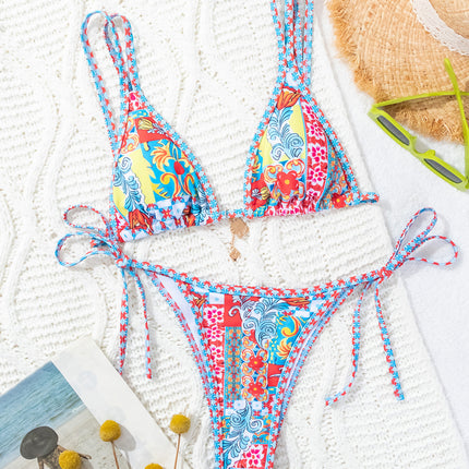 2024 New Bikini Cross-border European and American Foreign Trade Printed Triangle Cup Lace-up Sexy Bikini Swimsuit Swimwear Women