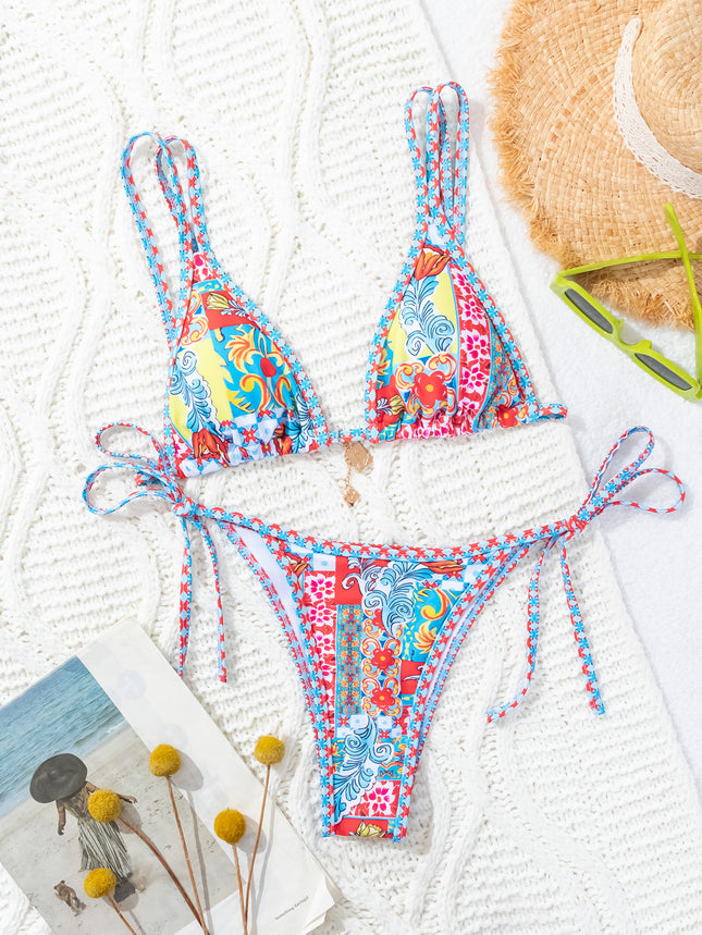 2024 New Bikini Cross-border European and American Foreign Trade Printed Triangle Cup Lace-up Sexy Bikini Swimsuit Swimwear Women