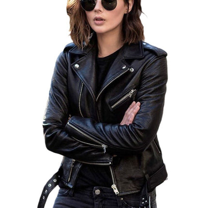 Foreign Trade 2025 New European and American Motorcycle Leather Jacket Spring and Autumn Women's Leather Jacket Women's Short Slim Leather Jacket Fashion Jacket
