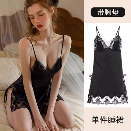 2026 New Sexy High-End Dress, Ice Silk Nightgown, Lace Dress with Straps, V-Neck Nightgown with Chest Pads