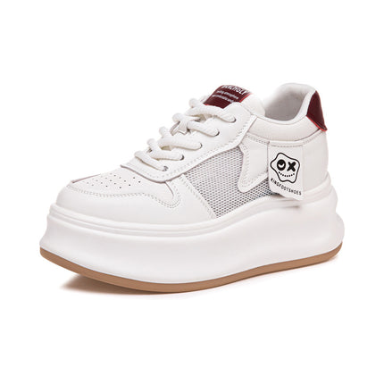 Genuine Leather White Shoes for Women 2026 Summer New Style with Internal Height Increase, Breathable Mesh Platform Shoes, Versatile Casual Sneakers