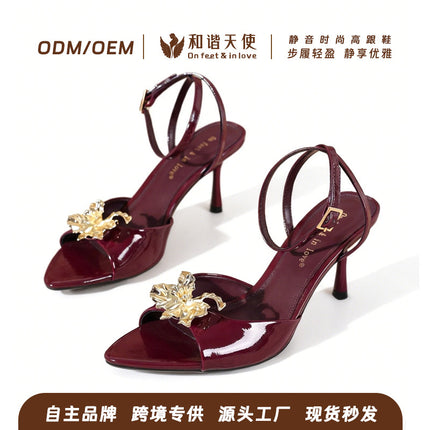 Simple and Fashionable One-Line Summer New Metal Flower Sexy Open-Toe Women's Stiletto High-Heeled Casual Sandals