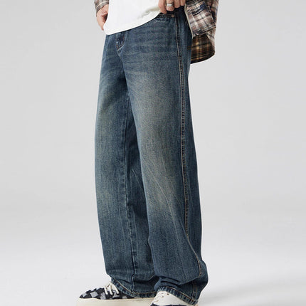 2025 Cross-Mirror Retro Washed Jeans Men's Trendy Brand Versatile Loose Draped Wide-Leg Straight Pants Autumn Style