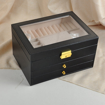 Jewelry Box Three-Layer Leather Jewelry Bracelet Storage Box with Hardware Lock and Window for Rings and Earrings Gift Box