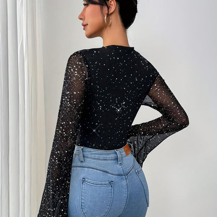 2025 New Cross-Border European and American Mesh Decorative Sequin Black Long-Sleeved Top T-Shirt