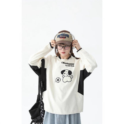 Autumn Waffle Puppy Embroidered T-Shirt Ball Clothes Women's Japanese Style Retro Preppy Style Casual Sports Long-Sleeved Tops