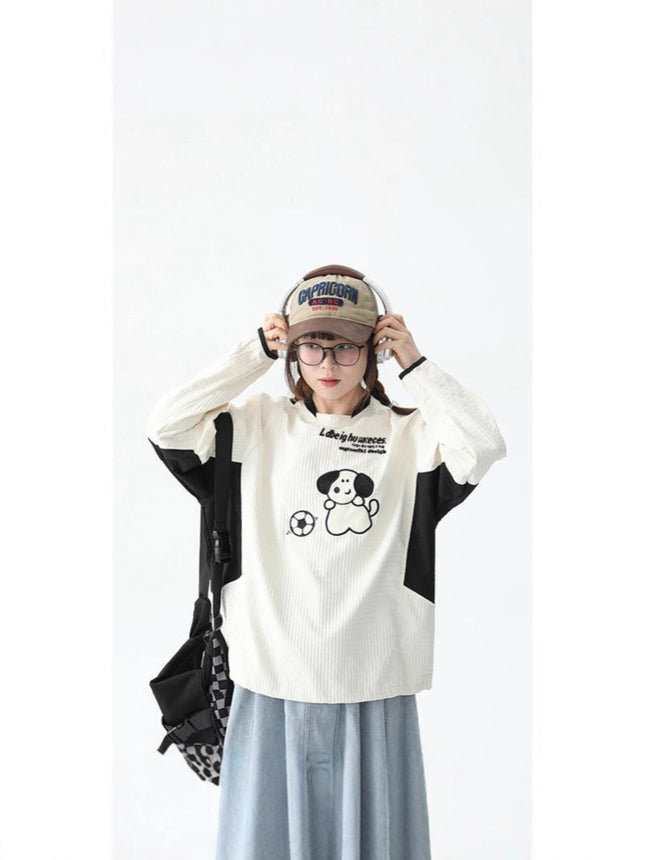 Autumn Waffle Puppy Embroidered T-Shirt Ball Clothes Women's Japanese Style Retro Preppy Style Casual Sports Long-Sleeved Tops