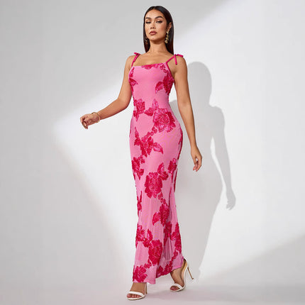 2025 summer cross-border new European and American high-end fashion slim sling hip sexy three-dimensional dish flower dress