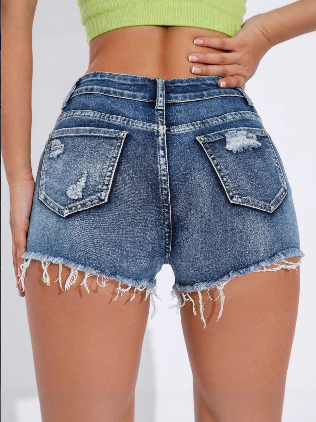 Cross-Border European and American Women's Denim Shorts Ripped Horse Tassel Shorts Denim Hot Popular Women's New Fashion