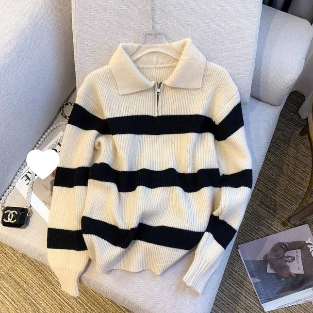Mall Withdraws 2025 Spring and Autumn Korean Version Polo Collar Striped Sweater for Women, Loose Retro Knitwear Trend