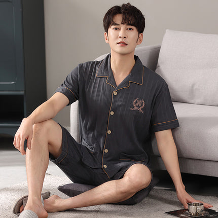 New Cotton Pajamas Men's Summer Short-sleeved Shorts Cardigan Lapel Home Clothes Summer Plus Size Loose Set