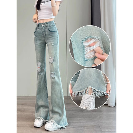 High-Waisted Ripped Jeans for Women, High-End Design, Slimming, Raw Edges, Floor-Length Wide-Leg Flared Pants, Versatile