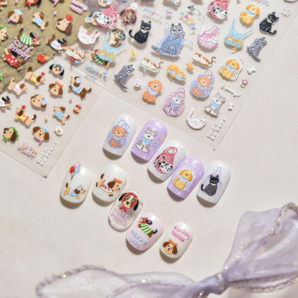 Happy Cute Pet Cat and Puppy Nail Art Stickers Embossed New 3D Stereo 5D Cute Nail Sticker Decorations
