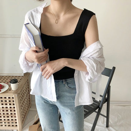 Knitted condole strap ice silk vest women's summer black and white outer wear base shirt square collar slim fit top tide wholesale
