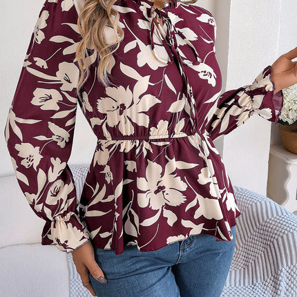 Real Shot of the 2026 Spring/Summer New Casual Floral Lace-Up Long-Sleeve Chiffon Blouse Amazon Cross-Border Women's Clothing