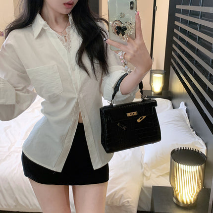 South Korea Dongdaemun's new product is a little surprised ~ waist lace stitching lapel fake two long sleeve shirts