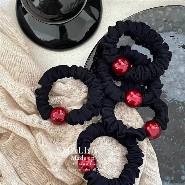 Cross-border export high-grade New Year red this year round pearl hair ring high ponytail rubber band ball hair rope hair accessories