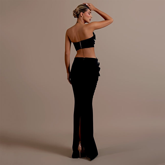 2025 European and American New Design Flower Diamond Bandage Set Sexy Tube Top Long Skirt Two-Piece Set