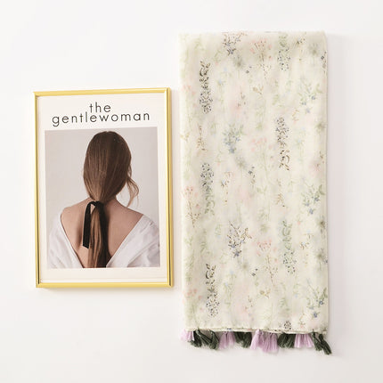Fresh plain cotton and linen hand scarf White small floral tassel travel photo decorative shawl sunscreen beach towel