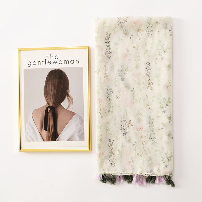 Fresh plain cotton and linen hand scarf White small floral tassel travel photo decorative shawl sunscreen beach towel