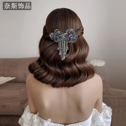 Ness NS68 Crystal Diamond Flower Tassel Hairpin Small Fashion Light Luxury Hair Accessories Gray High-end Simple Accessories