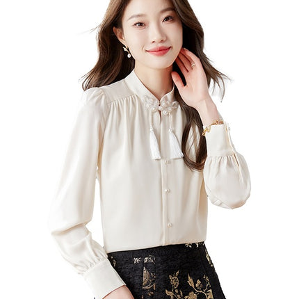 New Chinese Style Chinese Style Zen Style Improved Hanfu Long Sleeve Shirt Women's Matching Horse Face Skirt Elegant Top