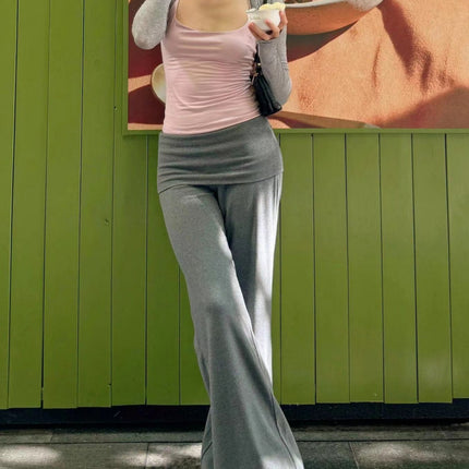 Unique Ra* Walking Foldable Waistband Knit Loose Flared Skirt Pants for Women Summer Drape Floor-Length Casual Trousers