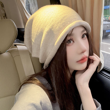 Korean Style Warm Rolled Edge Pullover Women's Drawstring Lazy Style Slouchy Beanie Autumn and Winter Fashion New Cold Hat