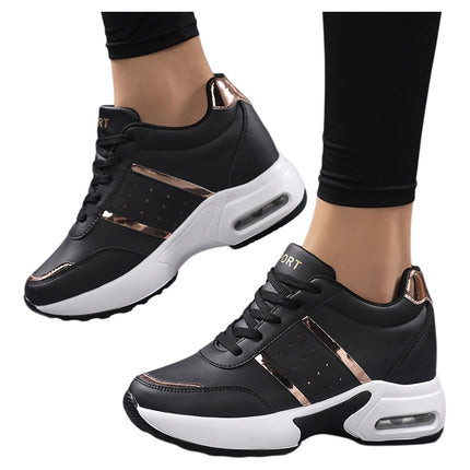 Women's Height-Increasing Sneakers 2025 Autumn and Winter New Leather Thick-Soled Small Black Shoes Large Size Color Matching Bright Strips Export Shoes