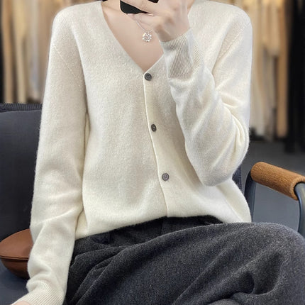 V-Neck Wool Knitwear for Women, Ready-Made Thin Autumn and Winter Work Clothing Slimming Look Elegant with 100% Wool Cardigan