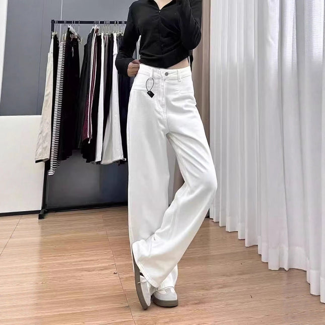 2025 White Wide-Leg Draped Floor-Length Jeans for Women, High-Waisted Slimming Straight Pants, Loose Autumn New Trend
