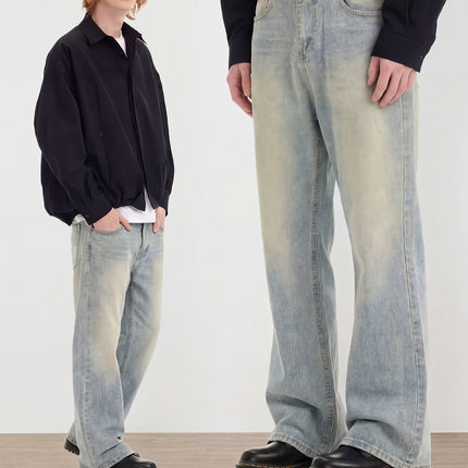 RDT Men's Wear | cleanfit Washed Old Vintage Ice Blue Cream Falling Cat Must Scratch Slight Jeans Men