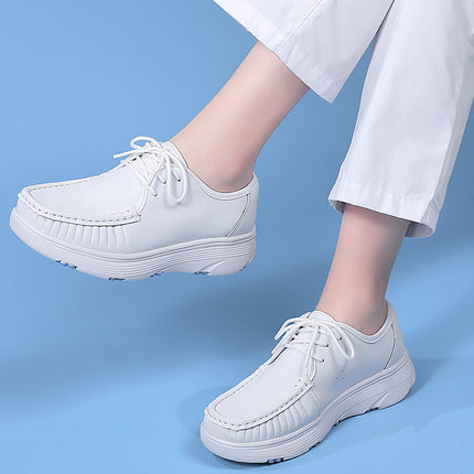 Ready-Made Nurse Shoes, Real Soft Leather, Soft Sole, Non-Slip, Breathable, Deodorant, Black and White Thick-Soled Work Shoes, White Shoes, Drop Shipping