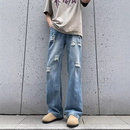 Raw Edge Ripped Lightning Pattern Bootcut Jeans Men's Straight Loose Wide Leg Teenagers Washed Distressed Floor Mopping Pants