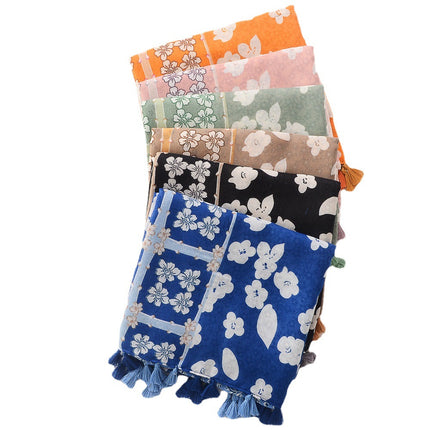 Japanese New Artistic Color Split Travel Sunscreen Beach Towel Printed Cotton and Linen Hand Scarf Tassel Scarf Large Scarf