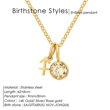 Cross-Border European and American Twelve Zodiac Signs Three-Dimensional Fashion Necklace, Light Luxury Colorful Rhinestone Birthstone Necklace, Stainless Steel Jewelry
