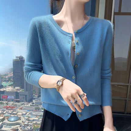 2025 Spring and Autumn New Round Neck Cashmere Knitted Cardigan Women's Loose All-match Sweater Coat Long Sleeve Soft Waxy Top