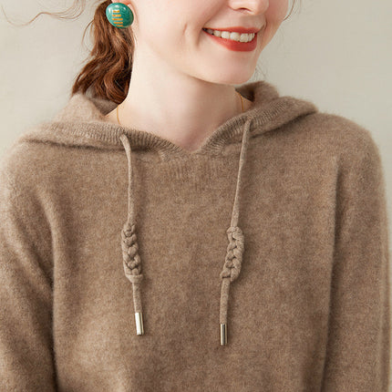 Autumn and Winter Hooded Cashmere Sweater Cashmere Long-Sleeved Pullover Versatile Pure Color Windproof Warm Hooded Cashmere Sweater for Women