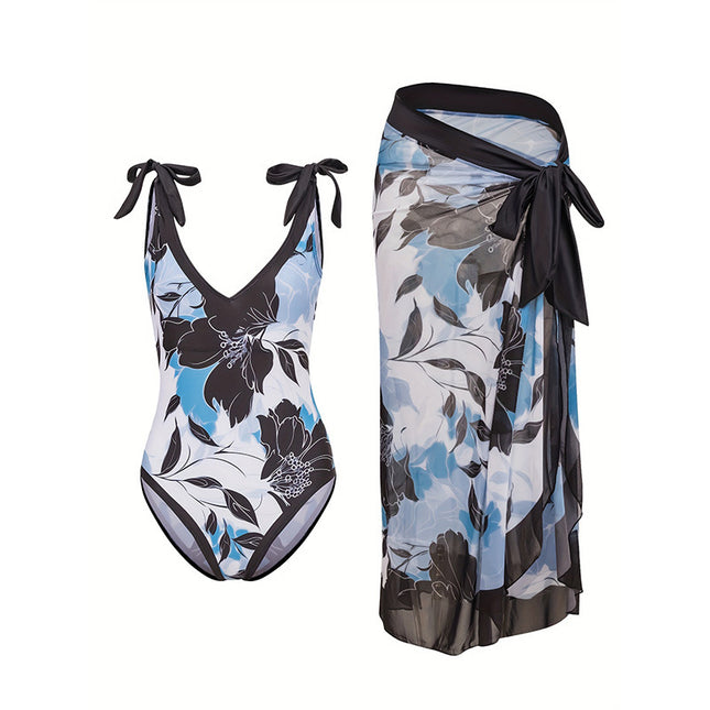 Sexy One-Piece Swimsuit Cross-Border European and American Style Tight-Fitting Gathered Deep V-Neck Vacation Long Cover-Up Skirt Pure Desire Swimsuit for Women